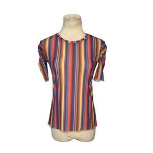 Zara Colorful Striped Sheer mesh Cinched Short Ruffle Sleeves Top size Small